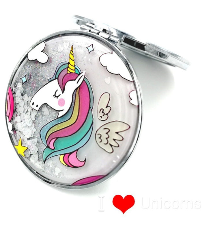 Unicorn Pocket Mirror With Beautiful Hairs|Shimmered Finish