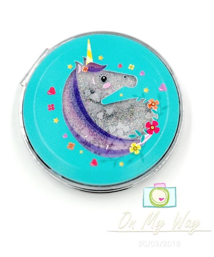 Blue Color Glitter Liquid Filled Unicorn design Compact Mirror