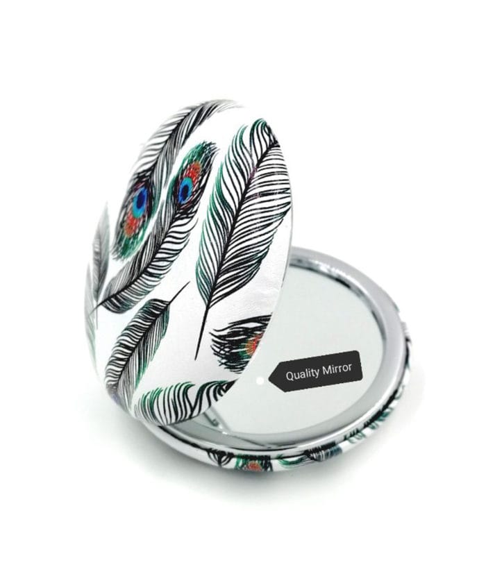 Peacock Feather on White Compact Mirror with Dual Mirror