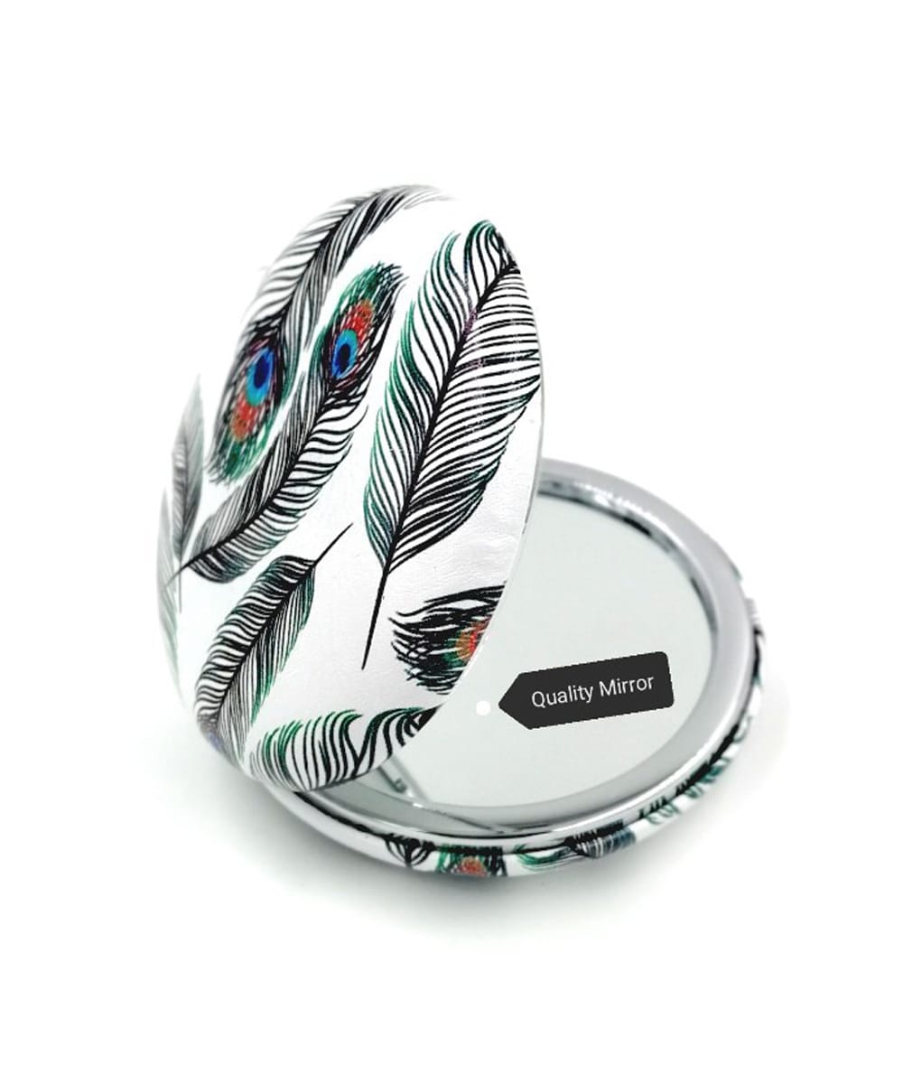Peacock Feather on White Compact Mirror with Dual Mirror