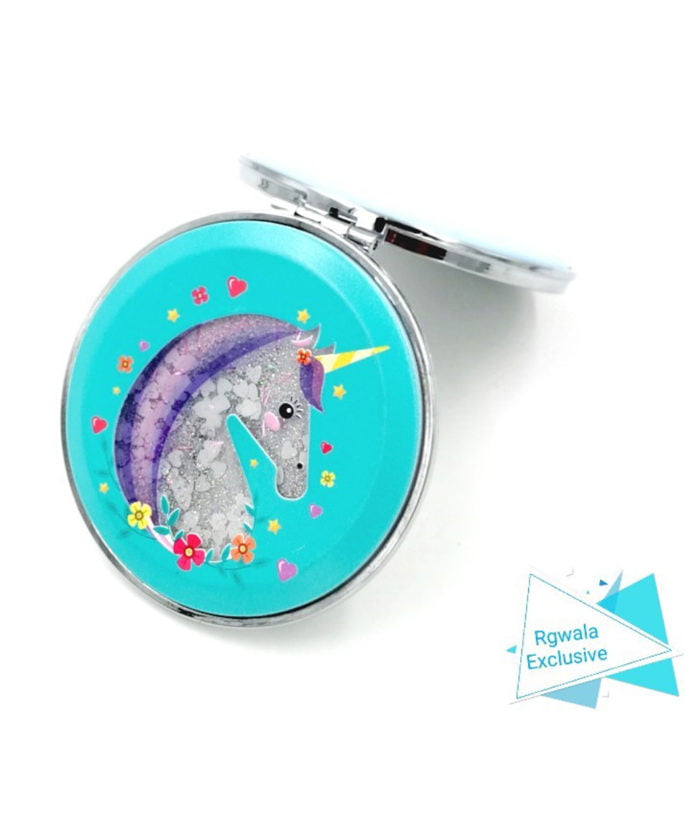 Blue Color Glitter Liquid Filled Unicorn design Compact Mirror