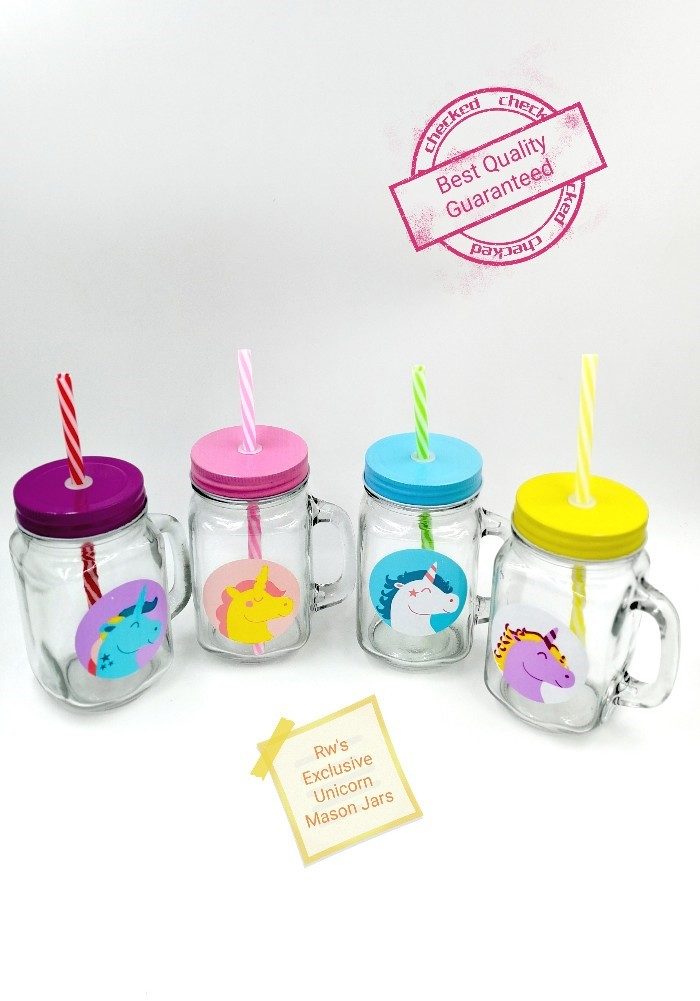 Unicorn Theme Birthday Return Gift Mason Glass Jars with straw 1