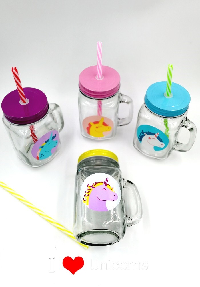 Unicorn Theme Birthday Return Gift Mason Glass Jars with straw - Return