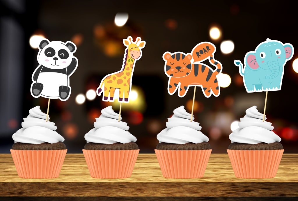 animal theme cup cake topper for birthday table decor