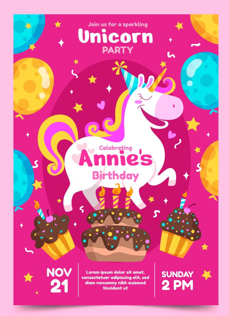 Unicorn theme birthday invites