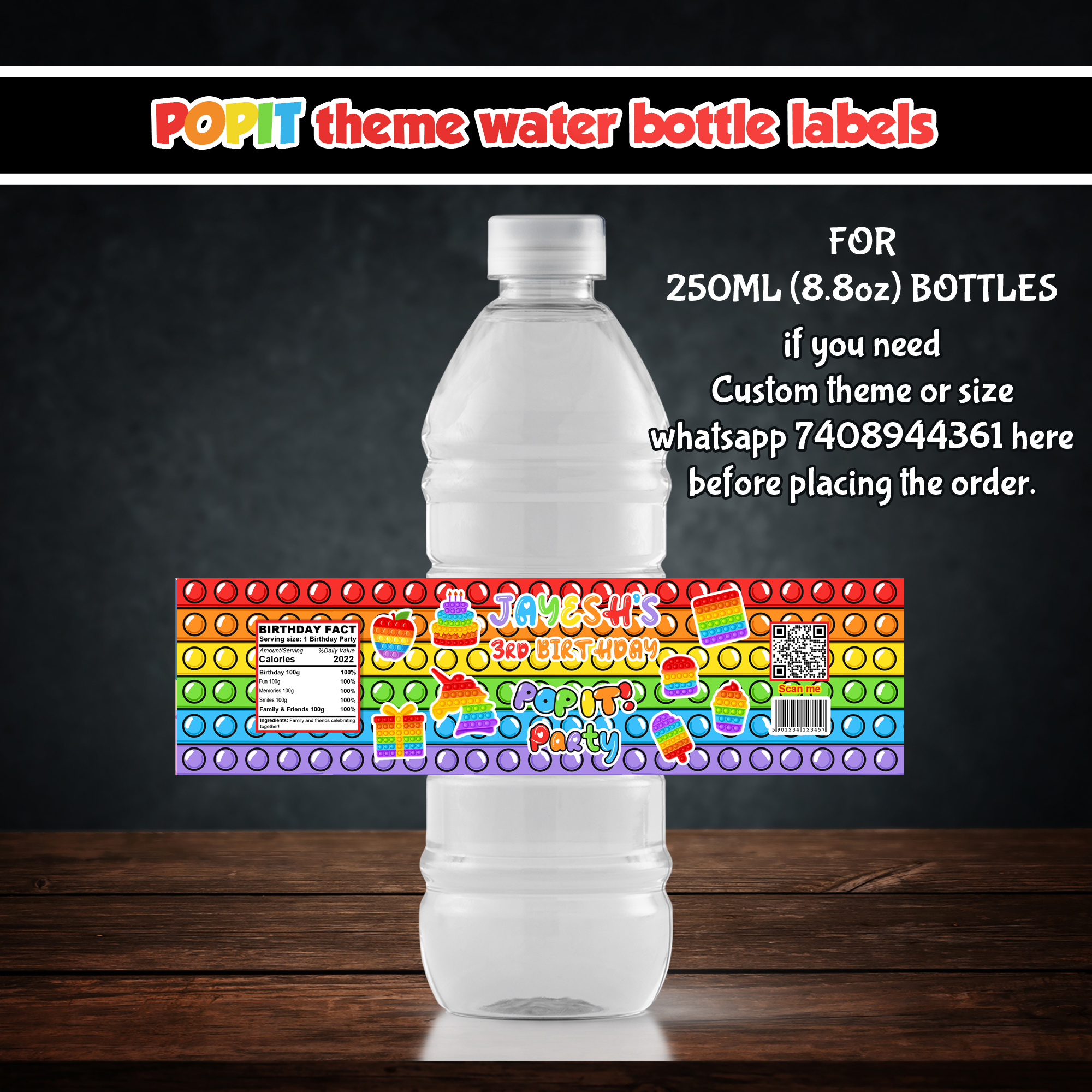 Printable Pop It Fidget Spinner Party Water Bottle Label 