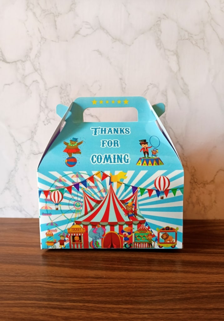 carnival theme gable box, snack box, print, birthday candies customize with name