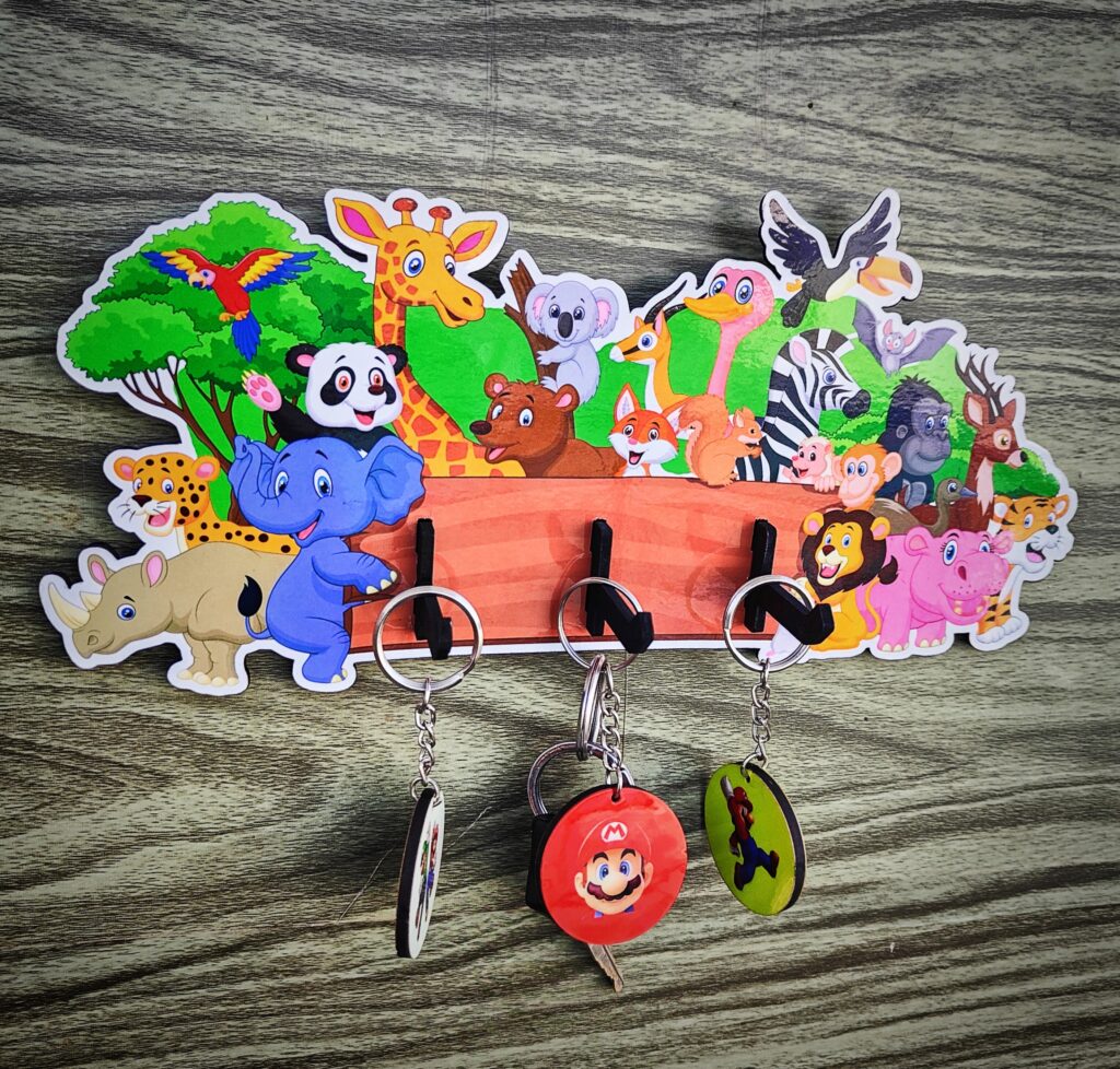 animal theme wooden key holder for birthday return gifts 