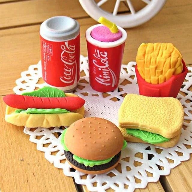 erasers in shape of fast food items, sandwich , cola bruger